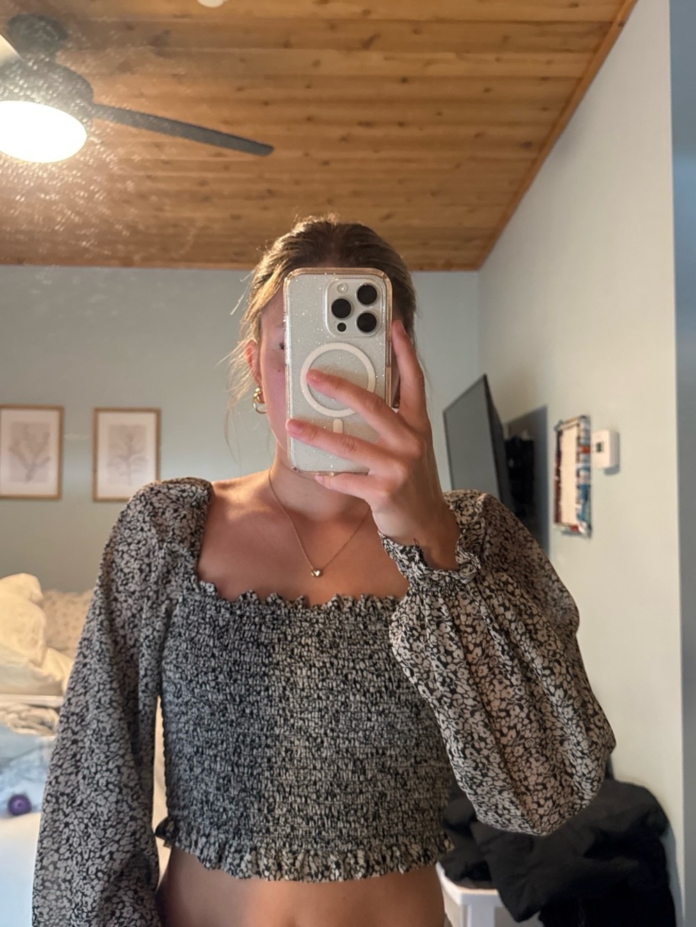 Amazon Black and White Floral Smocked Long Sleeve Crop Top
